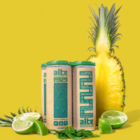 Alte Beverage Mojito Mint, Lime 4-pack of 12 oz cans with fruit and a yellow background