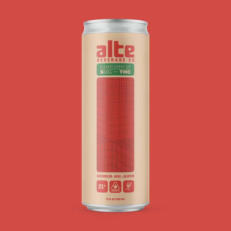 Single 12 oz. can of Alte Beverage Watermelon, Basil, Jalapeño with a Red background