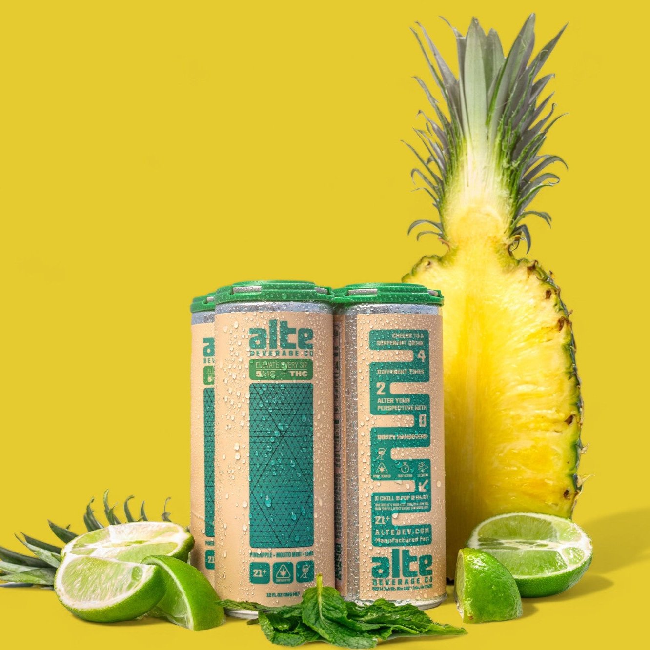 Alte Beverage Mojito Mint, Lime 4-pack of 12 oz cans with fruit and a yellow background
