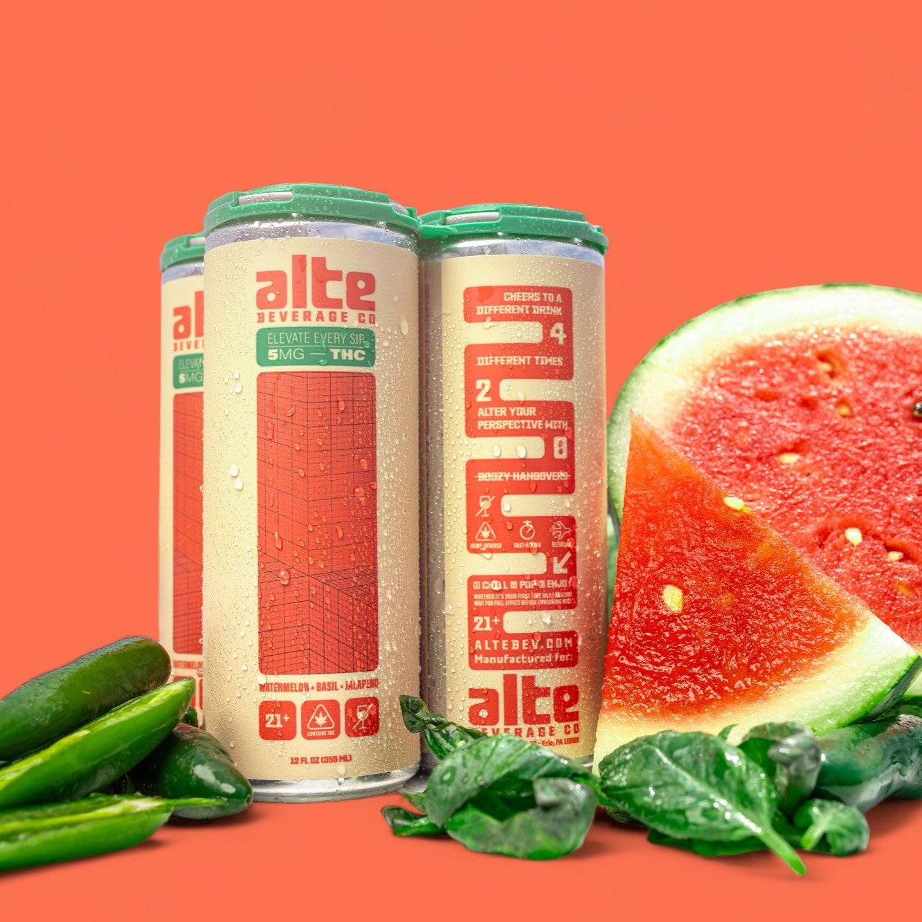 Alte Beverage Watermelon, Basil, Jalapeño 4-pack with fruit and a Red background.