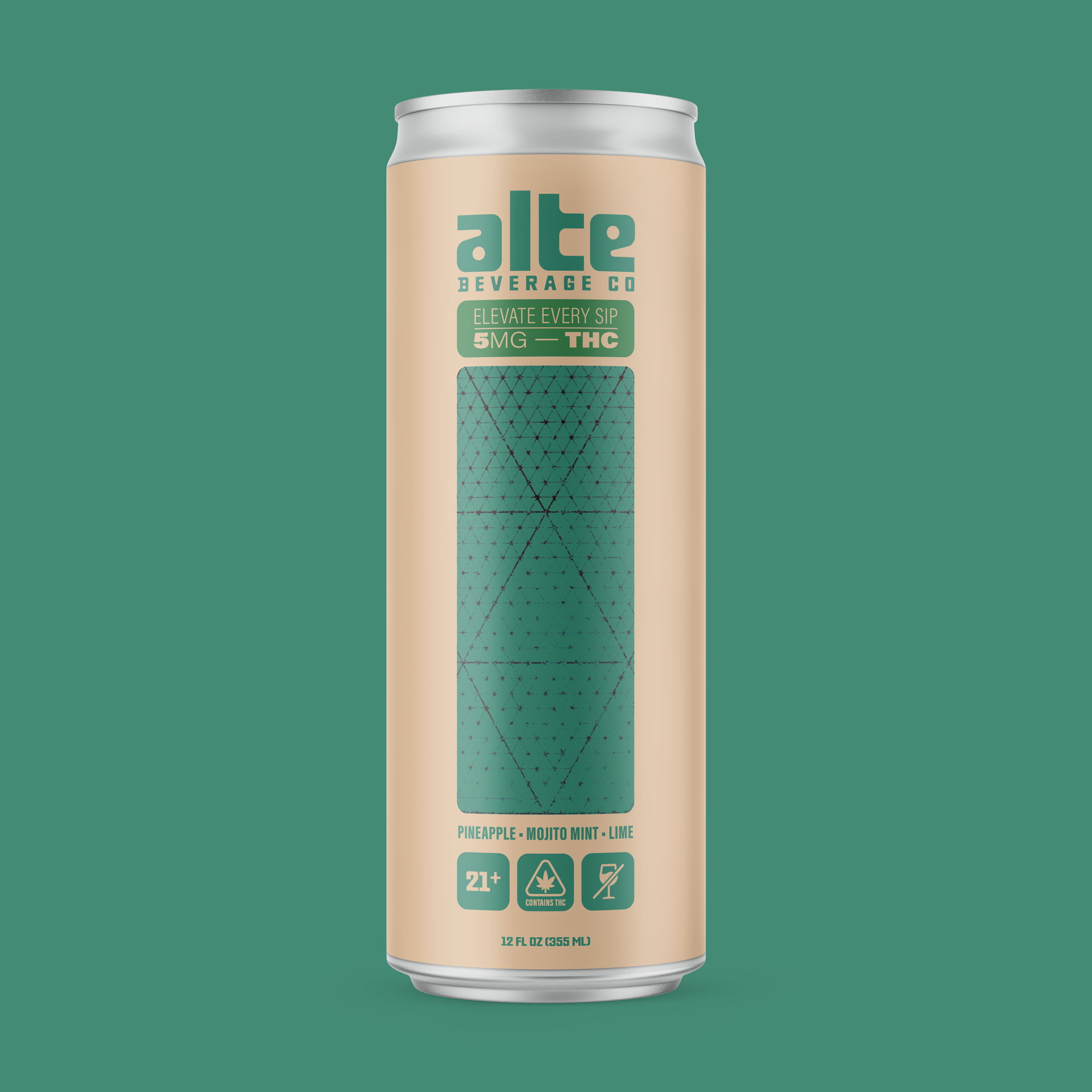 Single 12 oz. can of Alte Beverage Mojito Mint, Lime with a Green background