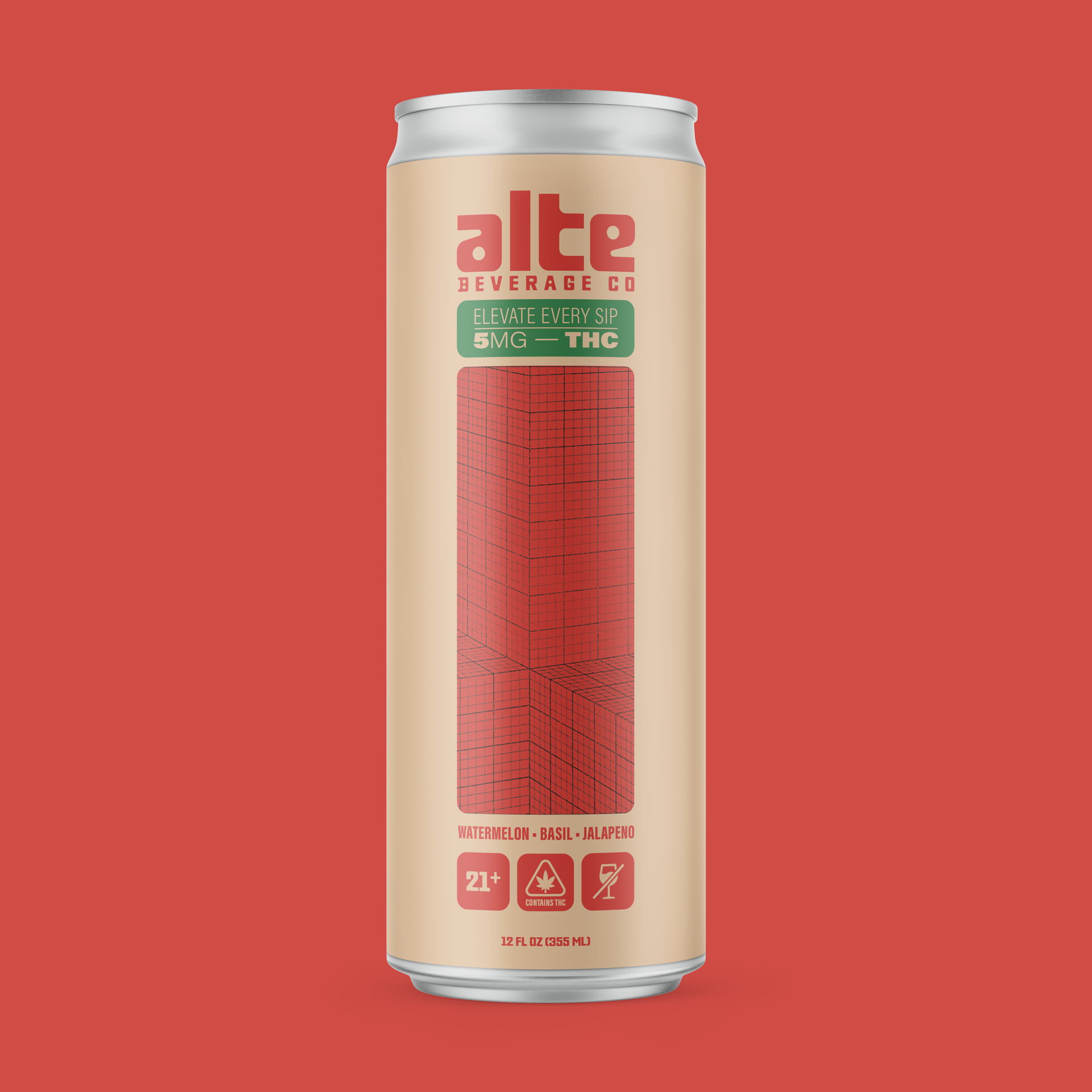 Single 12 oz. can of Alte Beverage Watermelon, Basil, Jalapeño with a Red background